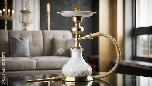 White and Gold Hookah on a Black Table in a Luxurious Setting