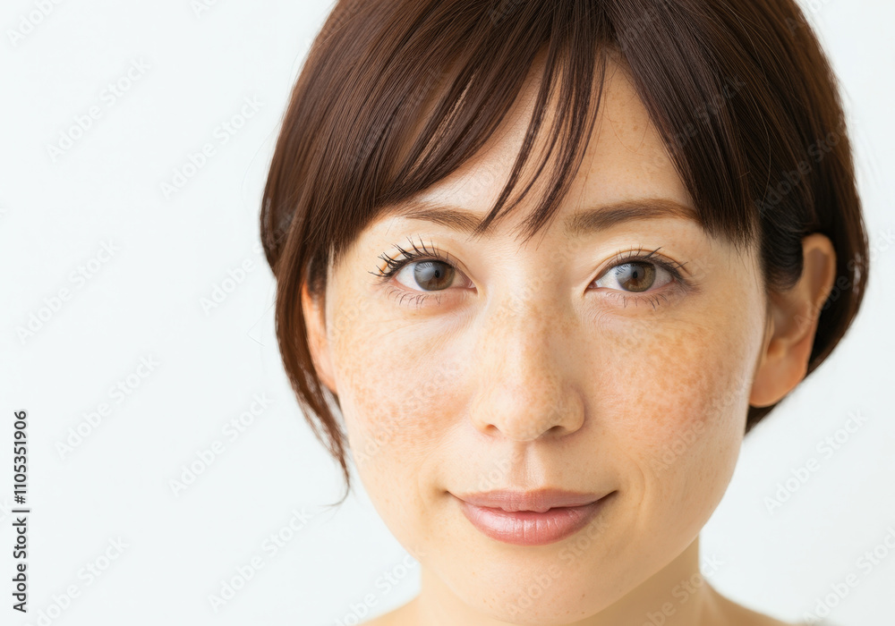 A woman in her 40s with light freckles and sunspots A woman in her 40s with light freckles and sunspots