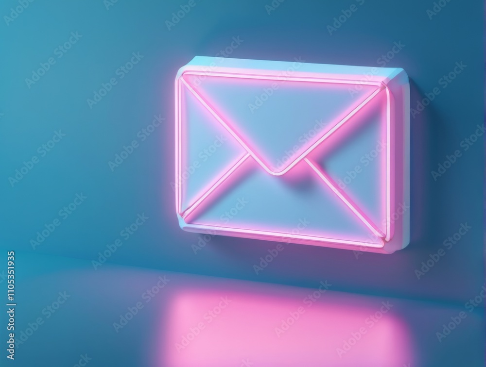Modern 3D rendering of envelope icon with gradient colors and neon outline on blue and pink gradient background. Modern 3D rendering of envelope icon with gradient colors and neon outline on blue and pink gradient background.