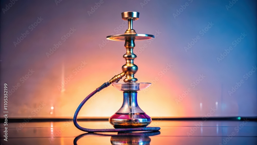 A Shiny Hookah with a Blue Hose on a Reflective Surface