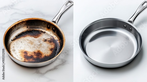 A stainless steel pan split in half showcasing the stark difference between a burnt and stained surface versus a shiny likenew appearance after cleaning