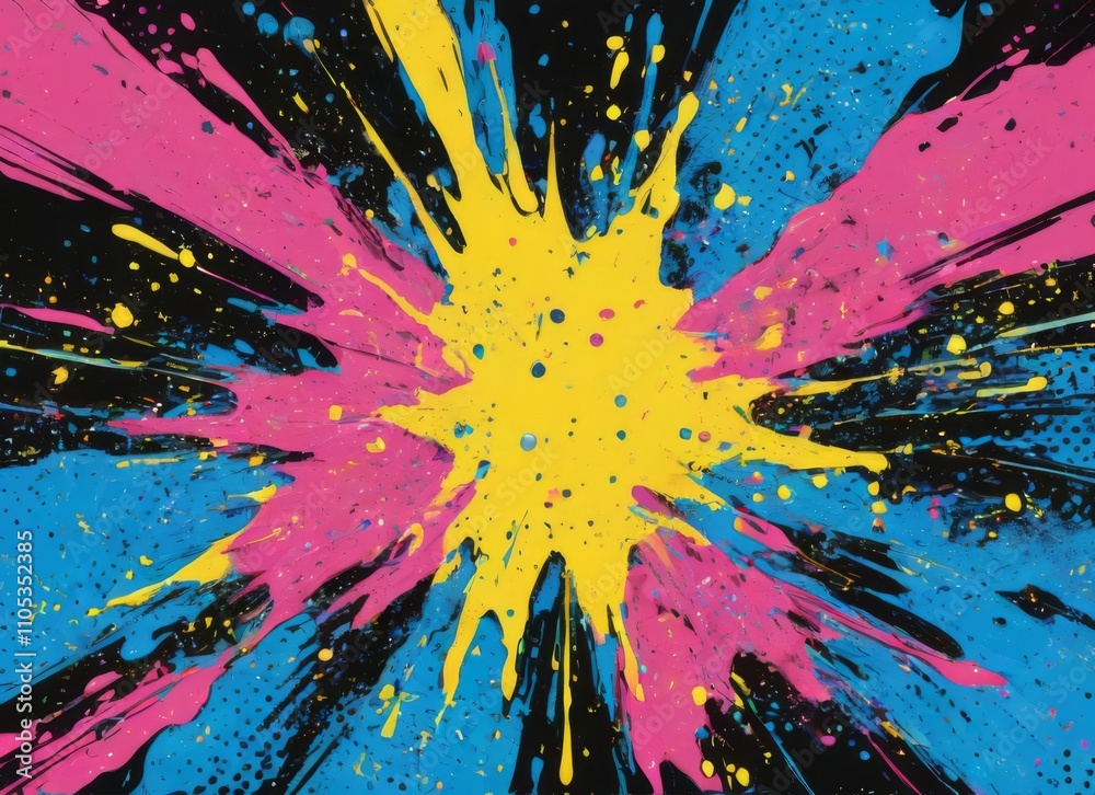 Colorful Burst of Splashes on Black Background with Pink, Yellow, Blue Shades and Dynamic Comic Book Style Adobe Stock. Colorful Burst of Splashes on Black Background with Pink, Yellow, Blue Shades and Dynamic Comic Book Style Adobe Stock.