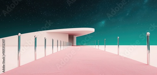 Pink carpet flows toward a modern structure, lined with silver posts and stanchions.