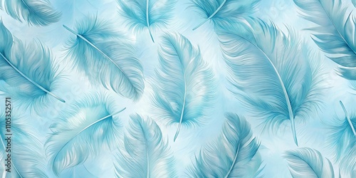 A Serene Pattern of Light Blue Feathers Floating on a Gentle Sky Background