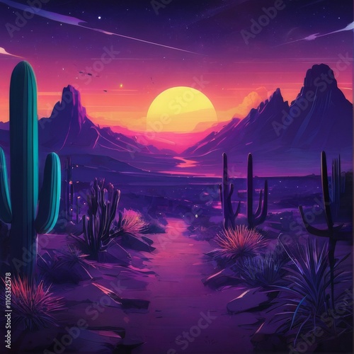 Futuristic Landscape with PinkPurple Gradient, Stars, Planets, Sun, Pathway, Desert, Cacti, Mountains Silhouetted. Peaceful and Serene Scene.