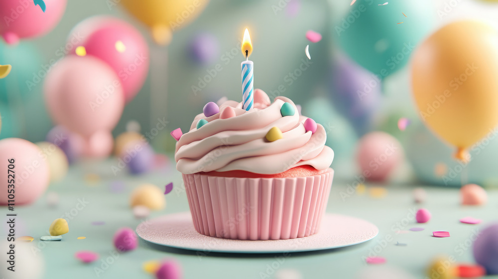 A 3D cupcake with soft pink frosting, a candle, and tiny 3D renderings of balloons and confetti for an adorable, minimalist birthday celebration. A 3D cupcake with soft pink frosting, a candle, and tiny 3D renderings of balloons and confetti for an adorable, minimalist birthday celebration.