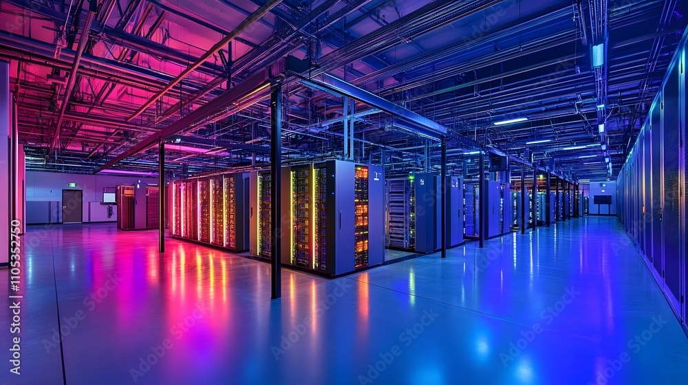 A large room with many computer servers and a yellow and red wire. The room is very bright and clean A large room with many computer servers and a yellow and red wire. The room is very bright and clean