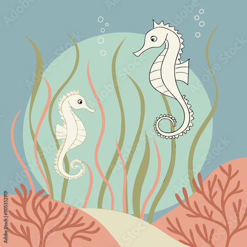 Vivid underwater vector illustration of seahorses drifting among flowing seagrass and vibrant corals.