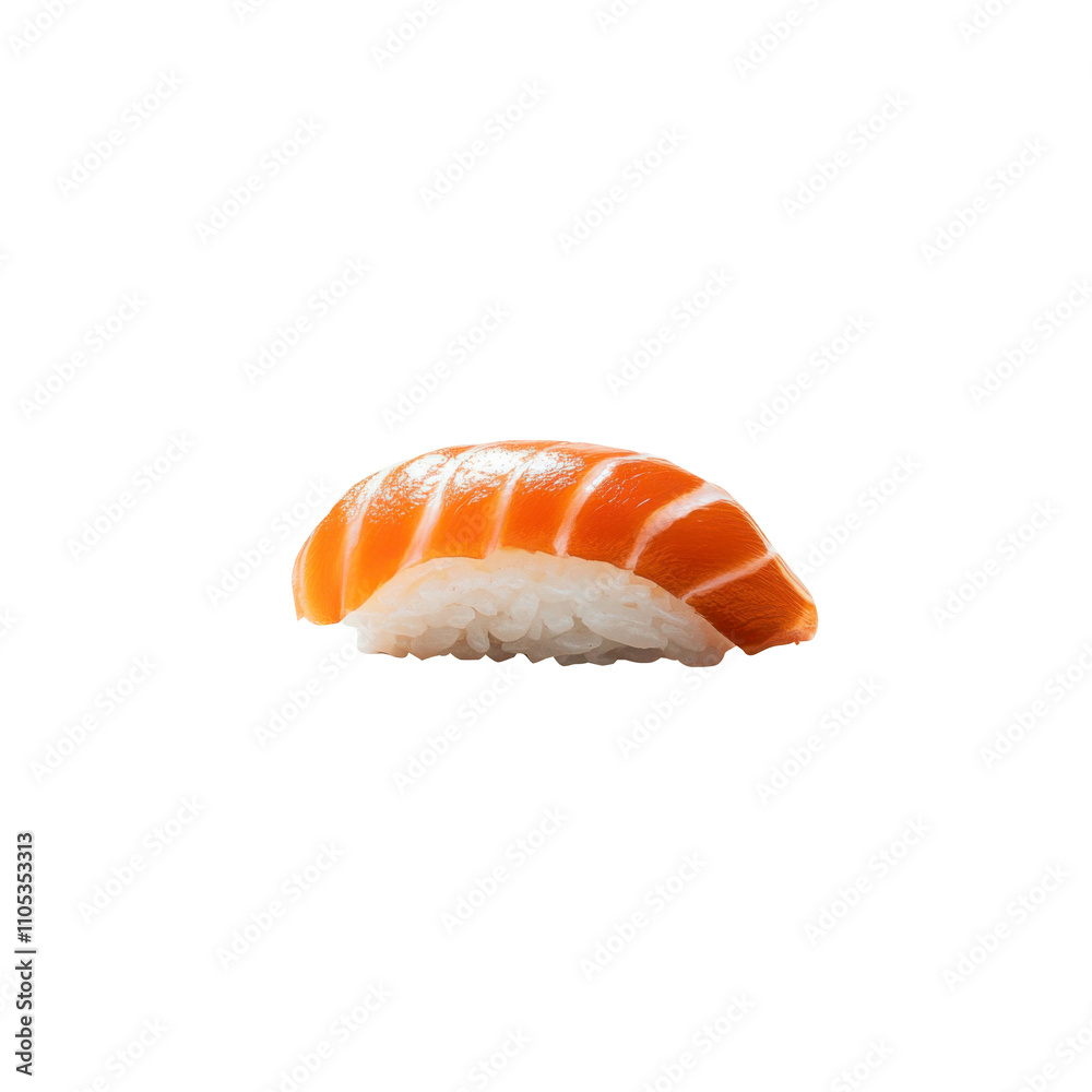 Close-up of a single piece of nigiri sushi with fresh salmon on top, on an isolated white background.