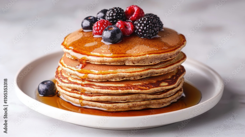 Sweets snacks junk diet food concept. Stacked pancakes with berries and syrup