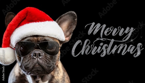 Frohe Weihnachten Urlaub Winter Grußkarte mit deutschem Text - Coole französische Bulldogge Hund Haustier mit Weihnachtsmannmütze und Sonnenbrille, isoliert auf schwarzem Hintergrund