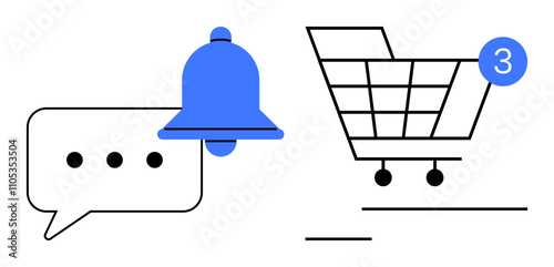 Shopping cart with notification badge showing the number 3 and chat message bubble with three dots. Ideal for e-commerce, reminders, alerts, shopping, communication, customer service, online sales