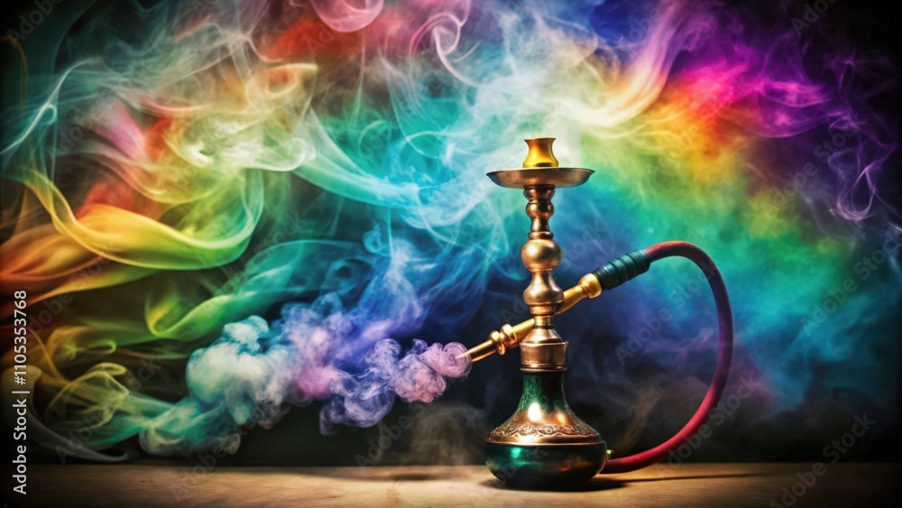 A hookah with colorful smoke swirls around it. A hookah with colorful smoke swirls around it.