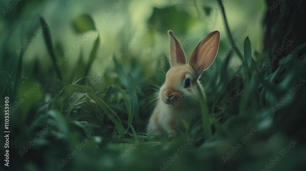 Tiny baby bunny hidden among lush green grass Tiny baby bunny hidden among lush green grass