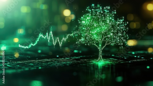 A digital tree composed of binary code and green light, symbolizing the intersection of technology and nature.