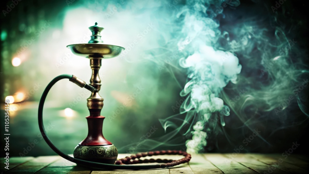 Obraz premium Ornate Hookah on Wooden Table with Smoke
