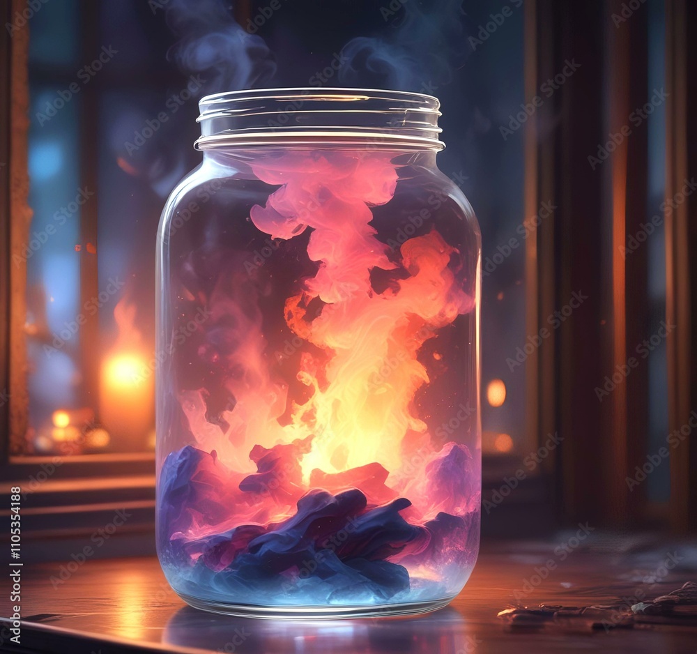 Illustration of glowing and magic dramatic smoke in jar with water reflection. Illustration of glowing and magic dramatic smoke in jar with water reflection.