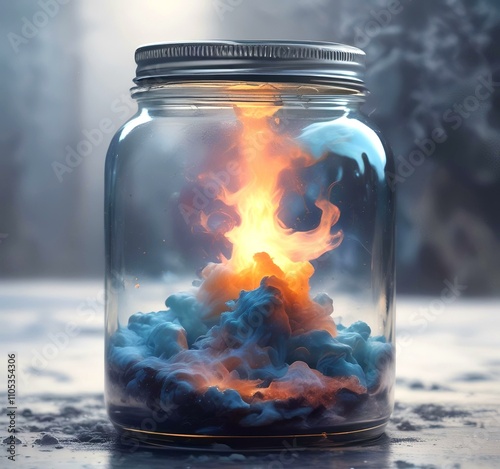 Illustration of glowing and magic dramatic smoke in jar with water reflection.