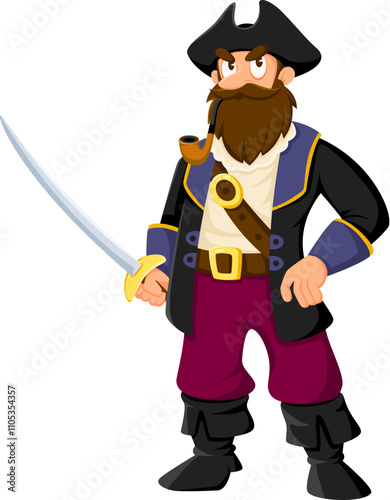 Cartoon pirate, corsair sailor funny character. Corsair sailor crew skipper isolated vector character, filibuster sailing ship captain funny personage or pirate mascot with sable and smoking pipe