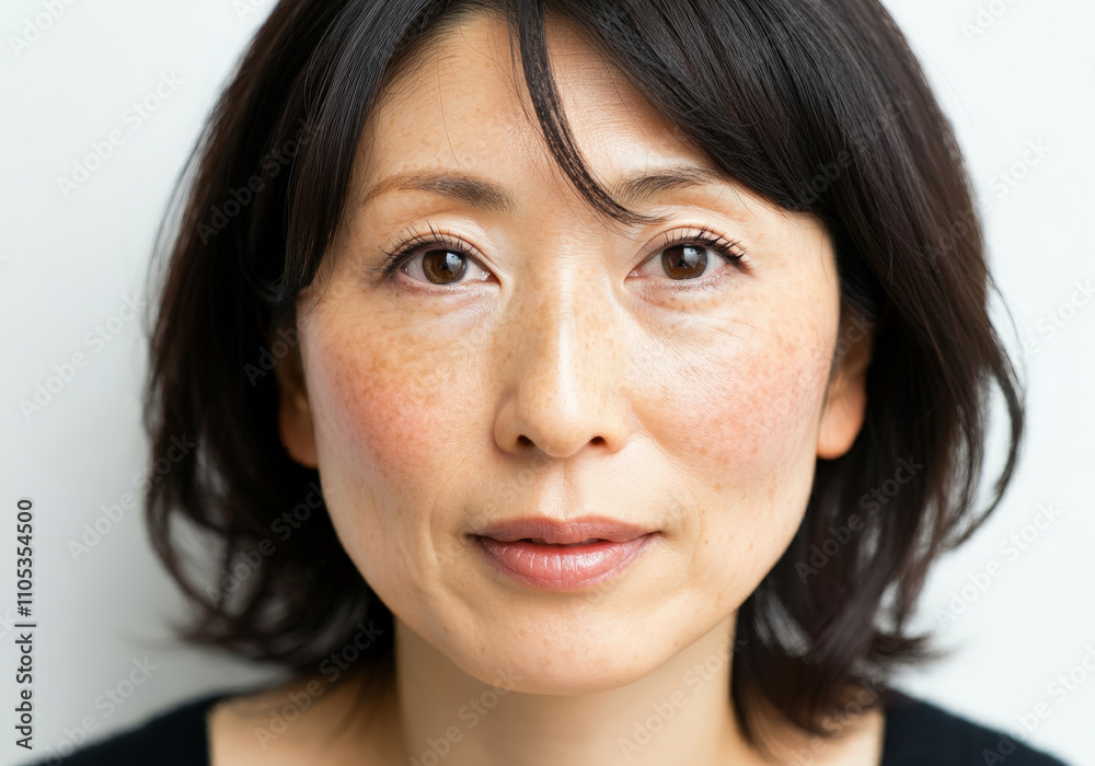 A woman in her 40s with freckles and sunspots A woman in her 40s with freckles and sunspots