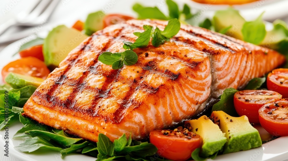 Grilled salmon served with colorful vegetables on a plate Grilled salmon served with colorful vegetables on a plate