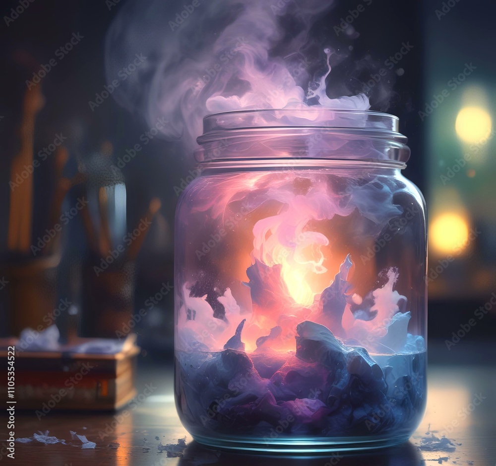 Illustration of glowing and magic dramatic smoke in jar with water reflection. Illustration of glowing and magic dramatic smoke in jar with water reflection.