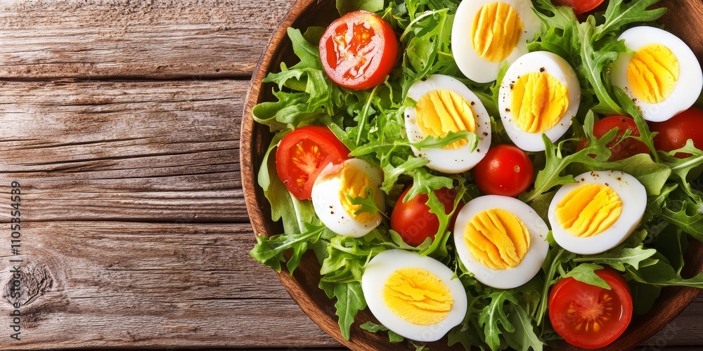 Fresh vegetable salad featuring sliced boiled eggs, tomatoes, crisp lettuce, and peppery arugula, beautifully displayed on a wooden table from a top view perspective. Ideal for healthy eating. Fresh vegetable salad featuring sliced boiled eggs, tomatoes, crisp lettuce, and peppery arugula, beautifully displayed on a wooden table from a top view perspective. Ideal for healthy eating.