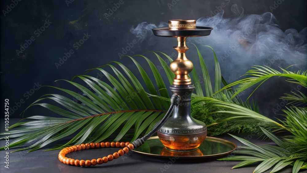 A Traditional Hookah with Smoke and Palm Leaves A Traditional Hookah with Smoke and Palm Leaves