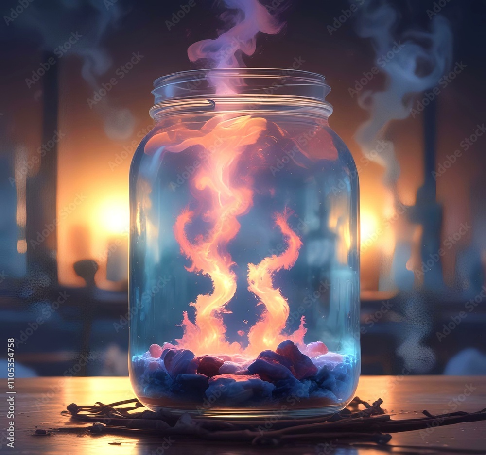 Illustration of glowing and magic dramatic smoke in jar with water reflection. Illustration of glowing and magic dramatic smoke in jar with water reflection.