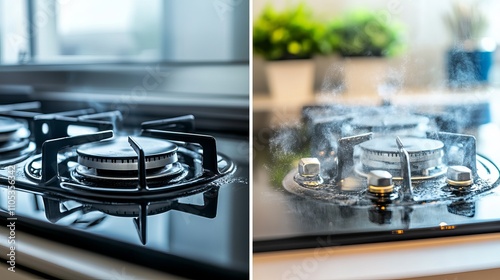 Collage of a dirty gas stove covered in grease versus the same stove after a thorough cleaning illustrating the effectiveness of cleaning services photo