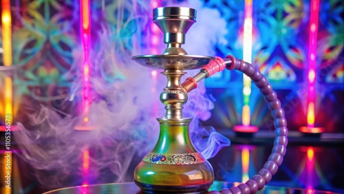 A Close-Up of a Hookah With Smoke, a Beaded Hose, and Vibrant Neon Lighting