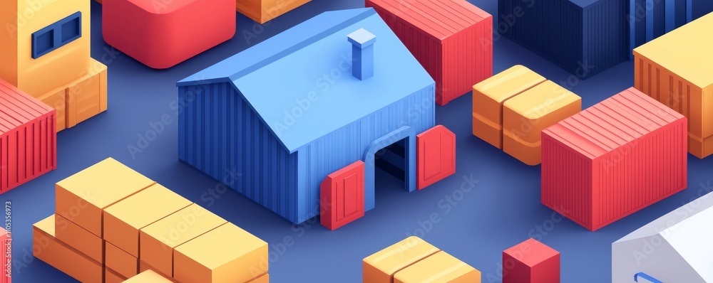 Fototapeta premium A colorful, stylized depiction of a storage area featuring various shipping containers and a central blue building.