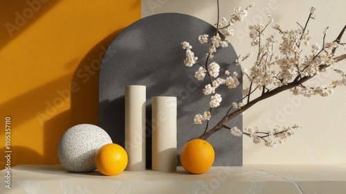 Diverse geometric figures with natural textures. Abstract minimalistic still life with copy space. Balancing flower with varied shapes, natural textures. Trendy colors of 2021 year - gray and yellow. photo