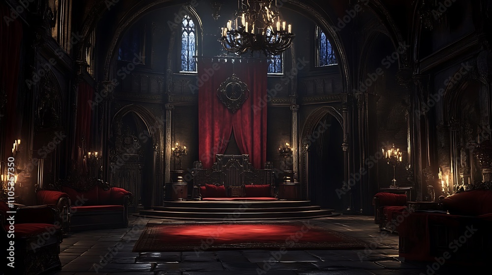 Fototapeta premium Haunting details of a castle’s interior, illuminated by moonlight.