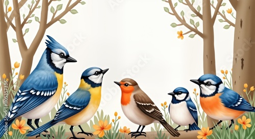 Colorful birds pose on branches amidst flowers. Cute painted songbirds like robins bluebirds, jays. Springtime scene in garden forest. Ideal for childcare center decor. Watercolor style illustration photo