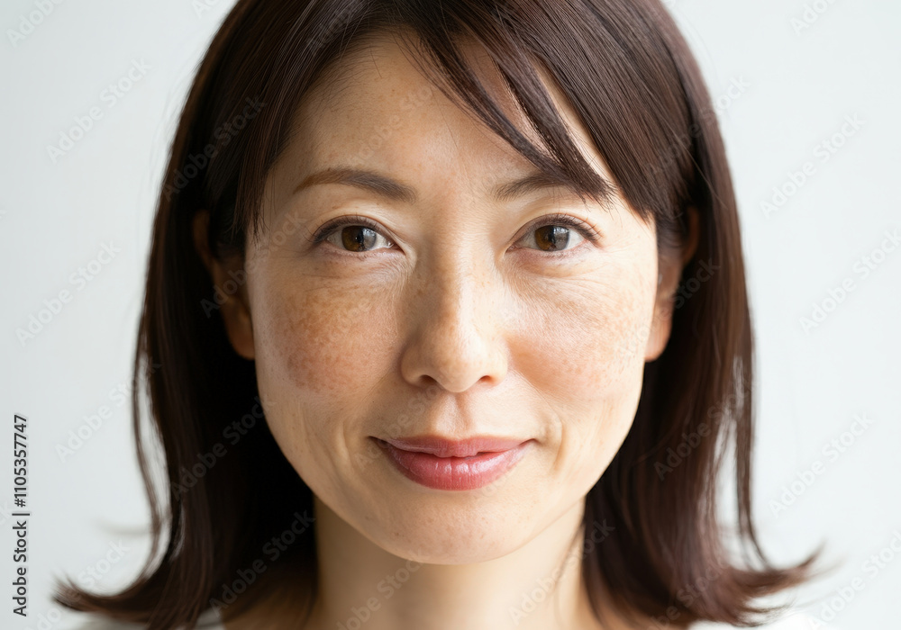 A woman in her 40s with a few freckles and sunspots A woman in her 40s with a few freckles and sunspots