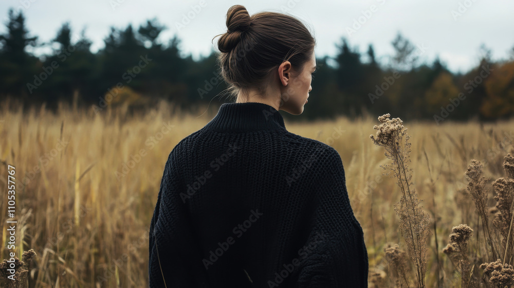 A young woman stands quietly in a golden field, surrounded by autumn foliage, during a serene afternoon A young woman stands quietly in a golden field, surrounded by autumn foliage, during a serene afternoon