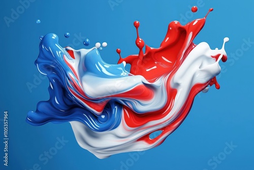 Abstract paint splash design with red white, blue colors. Fluid dynamic patterns create abstract art. Colors mix with creative dynamism on blue background. Visual art captures motion, energy. Vibrant photo