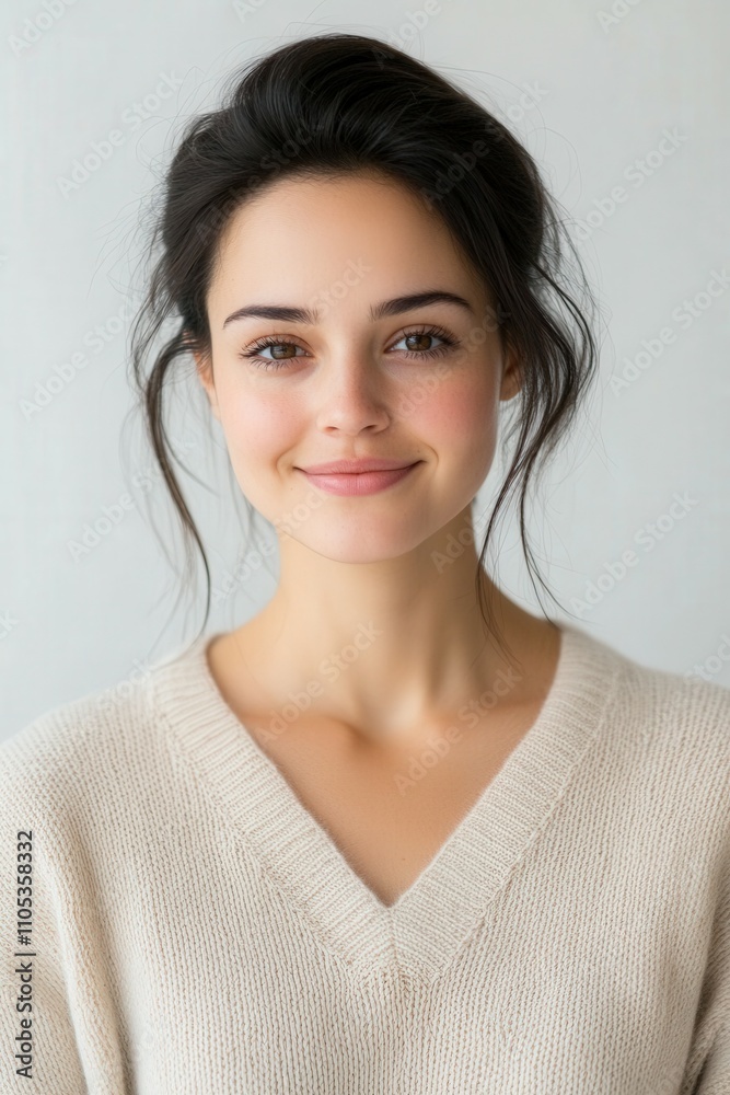 Beautiful young woman smiling softly indoors Beautiful young woman smiling softly indoors