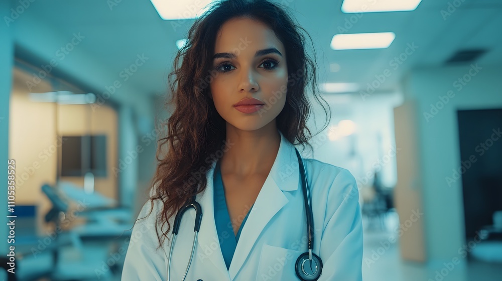 Portrait of young Latina female doctor standing in modern examination room Portrait of young Latina female doctor standing in modern examination room