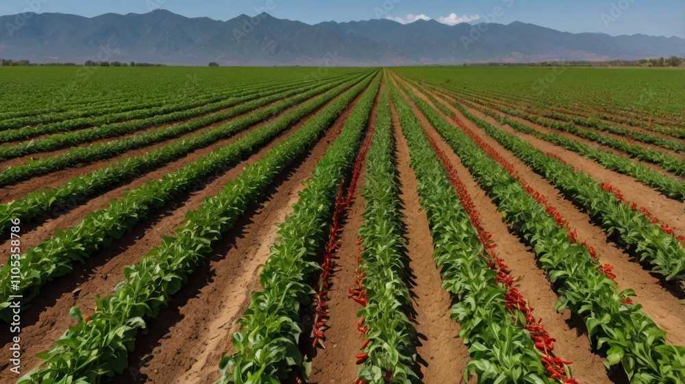 Here's a possible and keyword list for your stock photo.. Aerial view of vibrant rows of peppers ripening in a vast agricultural field, mountains in the background. Here's a possible and keyword list for your stock photo.. Aerial view of vibrant rows of peppers ripening in a vast agricultural field, mountains in the background.