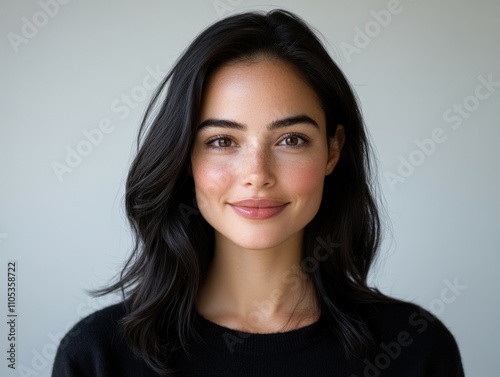 Smiling woman with long dark hair in simple background