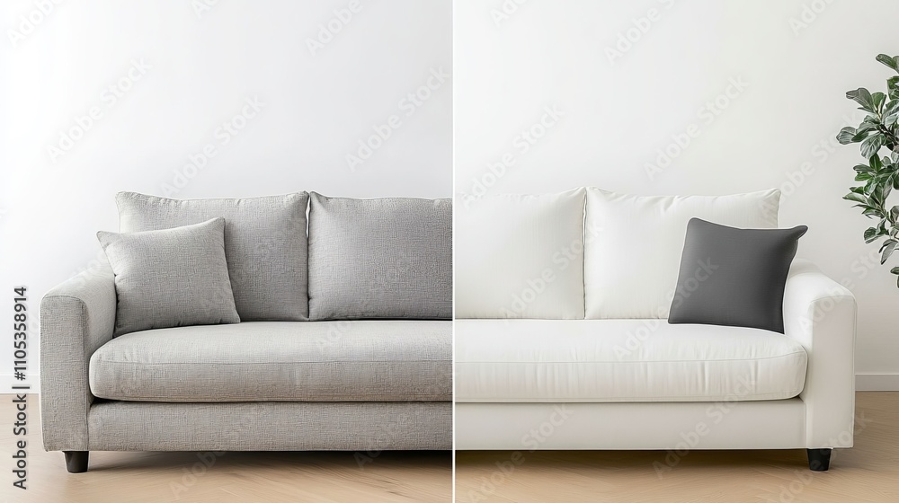 Grey sofa contrasted in a split image showcasing the effects of dry cleaning Grey sofa contrasted in a split image showcasing the effects of dry cleaning