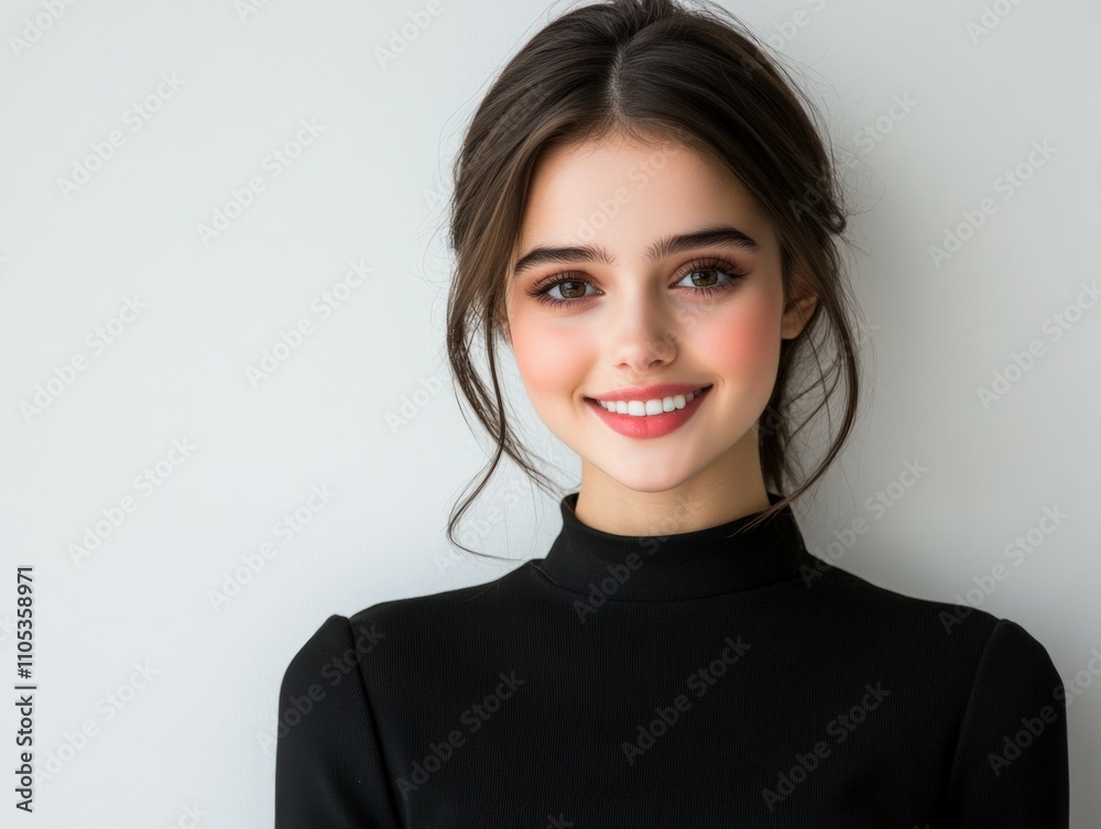 Young woman smiling against a light background indoors Young woman smiling against a light background indoors