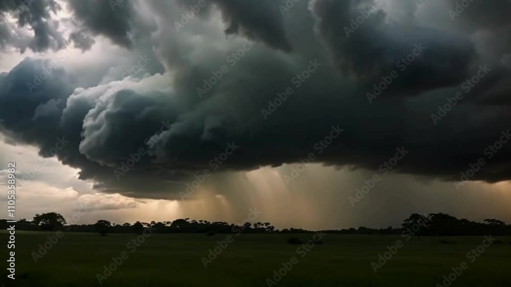 Visuals of intense, storm-laden clouds looming ahead of precipitation. A sky reminiscent of a hurricane, dominated by heavy black clouds interspersed with flashes of thunder Visuals of intense, storm-laden clouds looming ahead of precipitation. A sky reminiscent of a hurricane, dominated by heavy black clouds interspersed with flashes of thunder