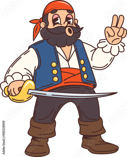 Cartoon pirate, filibuster captain cute character. Filibuster captain isolated vector funny character, corsair sailor skipper personage or Caribbean pirate bandit boatswain whistling and holding sabre