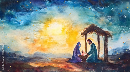 Nativity scene in Bethlehem. Watercolor painting. Christmas scene illustration showing holy family baby Jesus in the manger Mary and Joseph.
