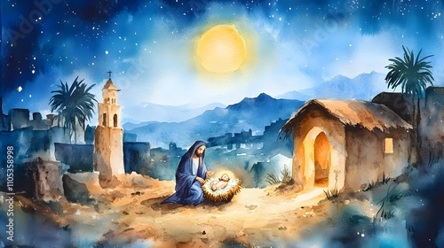 Nativity scene in Bethlehem. Watercolor painting. Christmas scene illustration showing holy family baby Jesus in the manger Mary and Joseph.