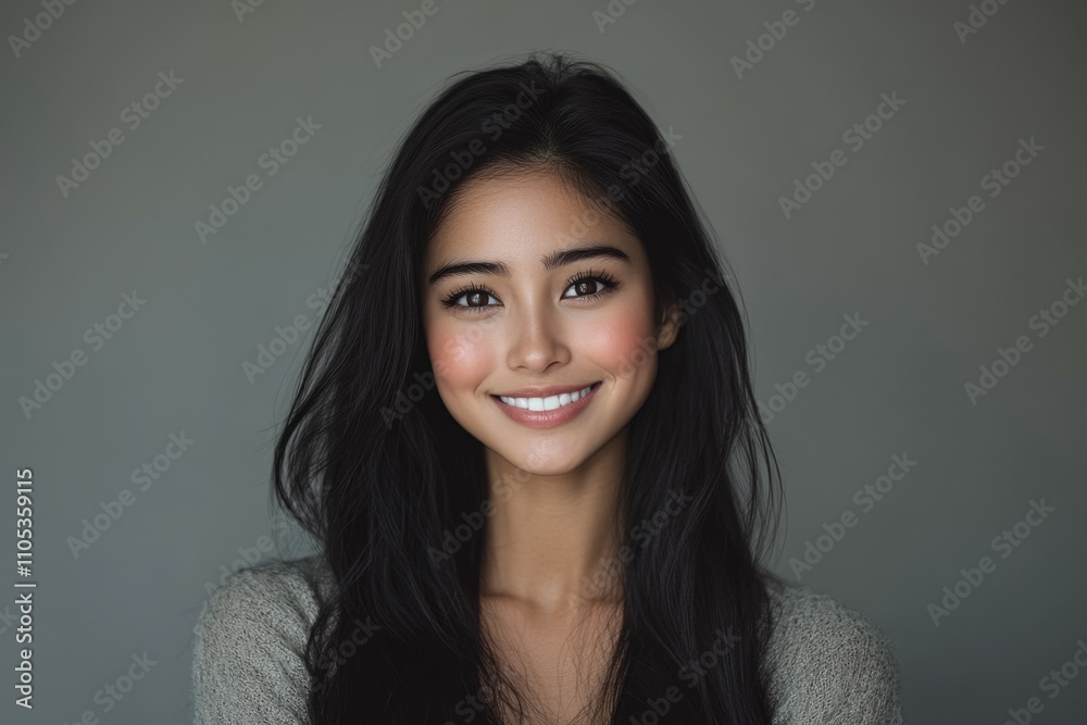 Smiling woman with long dark hair in soft lighting Smiling woman with long dark hair in soft lighting
