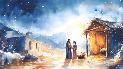 Nativity scene in Bethlehem. Watercolor painting. Christmas scene illustration showing holy family baby Jesus in the manger Mary and Joseph.